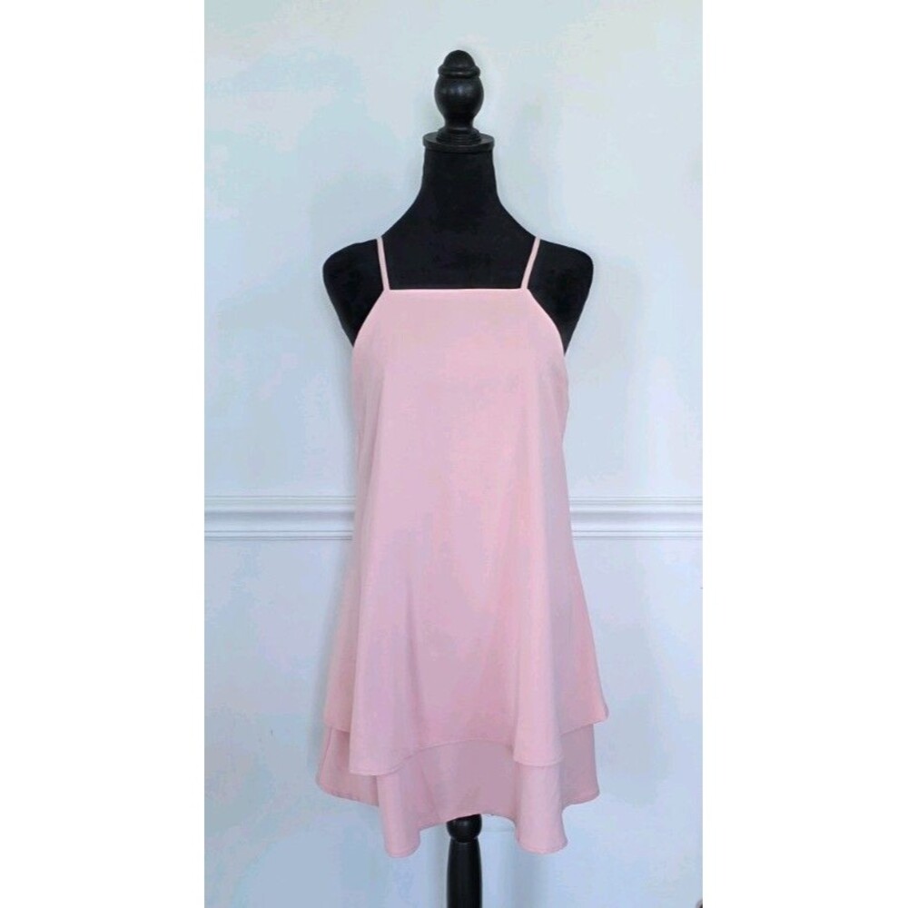 StyleDome Pink Layered Swing Dress  Spaghetti Strap V Back Flowy Size S